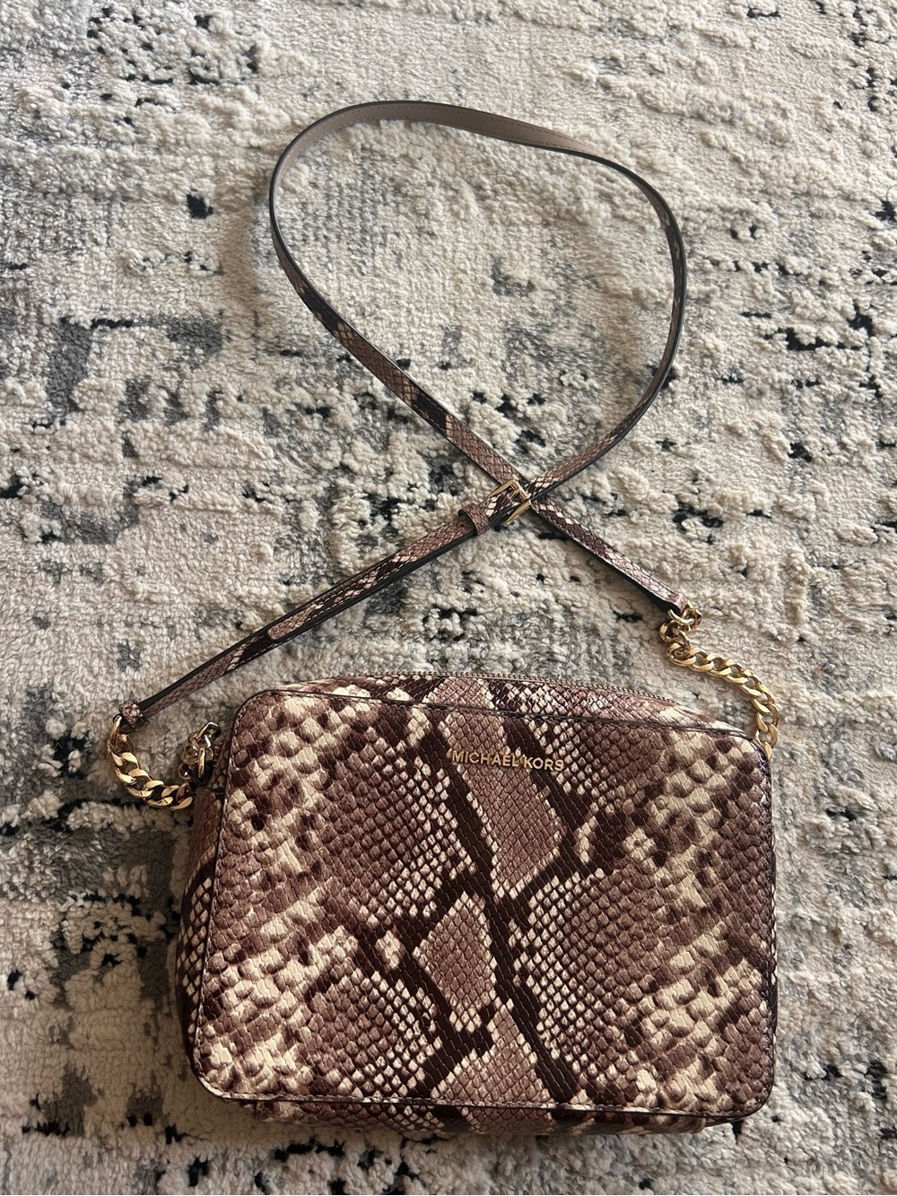 Michael Kors Brown Snake-Print Crossbody with Gold Chain Detail